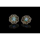 18K OPEN FILIGREE EARRINGS SET WITH A SINGLE DIAMOND ESTIMATED AT 0.22CT SURROUNDED BY 4 TURQUOISE