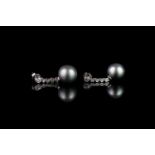 Pair of Tahitian Pearl and Diamond earrings, 2 round grey tahitian pearls measuring 10.95mm x 10.