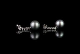 Pair of Tahitian Pearl and Diamond earrings, 2 round grey tahitian pearls measuring 10.95mm x 10.