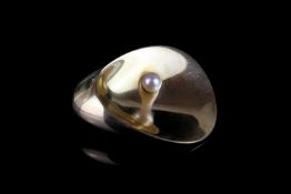 GEORG JENSEN 18K SHELL BROOCH SET WITH A SINGLE PEARL,stamped 750 , total weight 28.2 gma.
