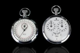 2 STEEL STOP WATCHES, JUNGHAMS white dial black markers. 54 mm steel case ,manual wind, SMITHS,white