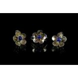 18CT CABOCHON SAPPHIRE FLOWER RING AND DROP EARRING SET, stones estimated at 4x4mm, makers mark