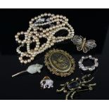 Selection of costume jewellery, including brooches and faux pearl necklaces