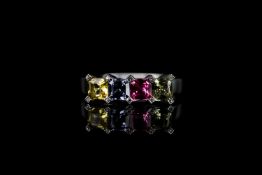 4 colour sapphire ring, set with 4 stones approximately 4mm each square cut yellow, blue, pink and