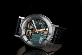 GENTLEMENS BULOVA ACCUTRON SKELETON DIAL WRISTWATCH, circular exhibition dial to the electronic