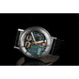 GENTLEMENS BULOVA ACCUTRON SKELETON DIAL WRISTWATCH, circular exhibition dial to the electronic