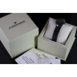 MAX BILL DESIGN WATCH BY JUNGHANS W/ BOX & PAPERS, circular black dial with white hands, white