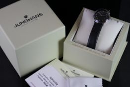 MAX BILL DESIGN WATCH BY JUNGHANS W/ BOX & PAPERS, circular black dial with white hands, white