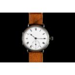 GENTLEMANS SILVER TRENCH WATCH,round, white dial with black hands, black roman numeral markers,