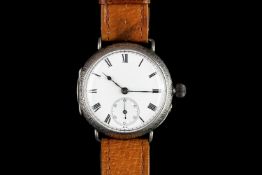 GENTLEMANS SILVER TRENCH WATCH,round, white dial with black hands, black roman numeral markers,