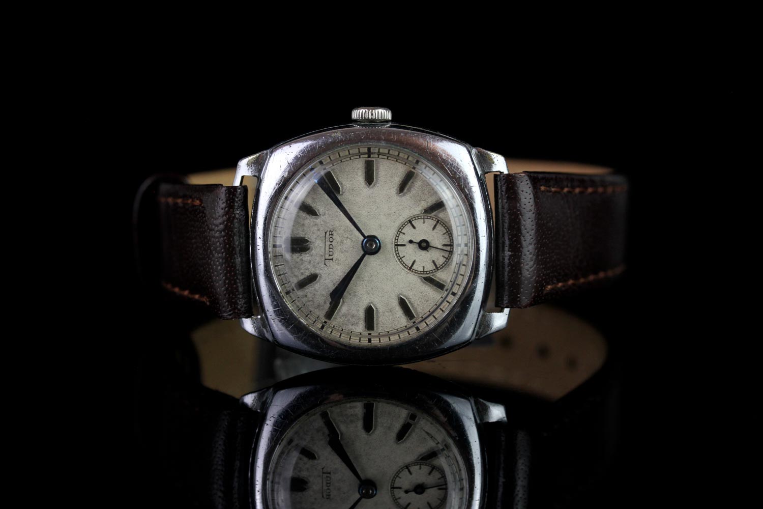 MID-SIZE ROLEX TUDOR CIRCA 1930,cushion shape,white dial with blue hands,silver markers, sub dial - Image 2 of 4