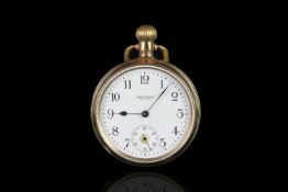 GOLD PLATED WALTHAM POCKET WATCH CIRCA 1920,round, off white dial with black hands, black arabic