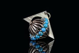 Turquoise rotating sphere pendant, 15 turquoise stones set to the centre of a rotating sphere,