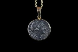 Silver coin pendant, silver coin set in 9ct yellow gold surround, 9ct yellow gold chain, approximate