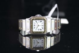MID SIZE CARTIER AUTOMATIC SANTOS STEEL & GOLD WRISTWATCH, square off white dial with black roman