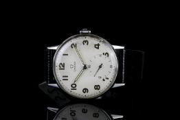 GENTLEMENS OMEGA VINTAGE DRESS WRISTWATCH, circular off white dial with large sub dial and gilt