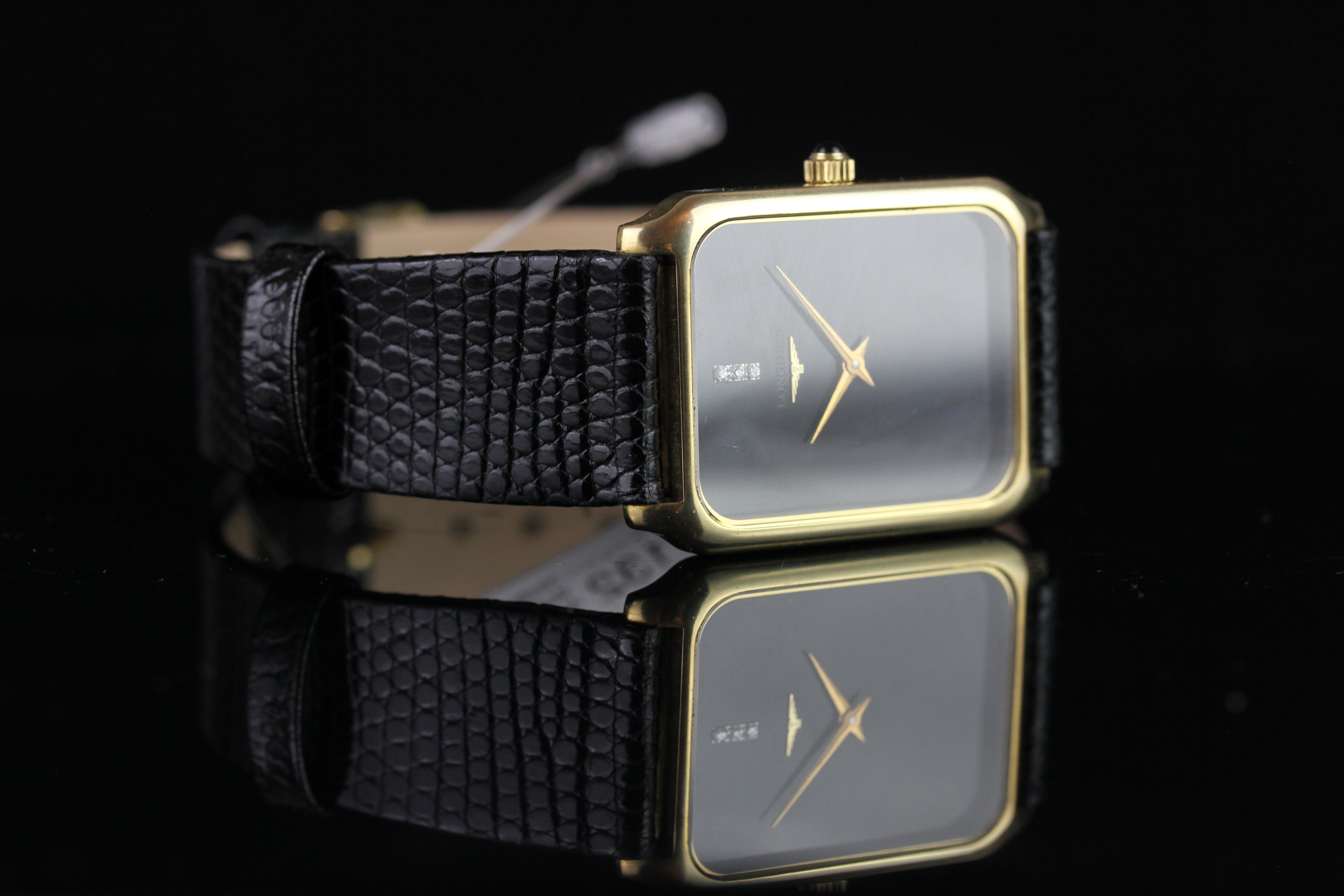 GENTS 9CT VINTAGE LONGINES,CIRCA 1980 ,oblong,black dial with gold hands,no markers,3 diamonds at 12 - Image 2 of 4