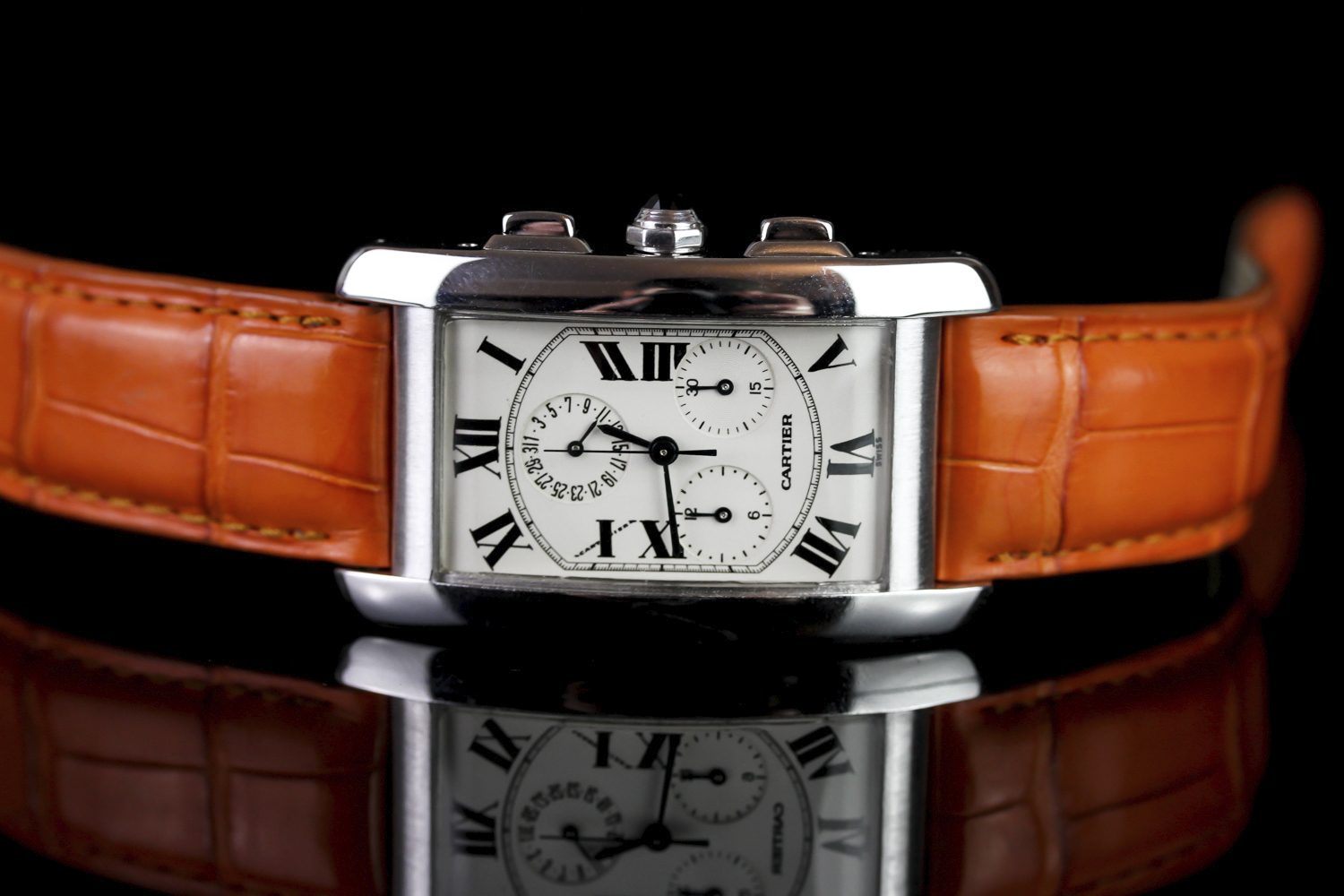 GENTLEMENS CARTIER TANK AMERICANE 18CT WHITE GOLD CHRONOGRAPH DATE WRISTWATCH W/ BOX & PAPERS REF.