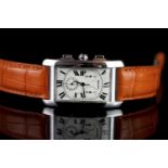 GENTLEMENS CARTIER TANK AMERICANE 18CT WHITE GOLD CHRONOGRAPH DATE WRISTWATCH W/ BOX & PAPERS REF.