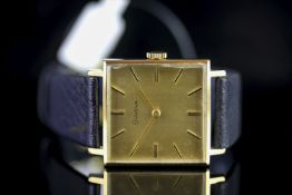 GENTLEMENS BULOVA WRISTWATCH, square gold dial with a black and gold hour markers, gold hands,