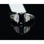 Sapphire and diamond ring, mounted in white metal stamped 'PLAT', central rectangular cut