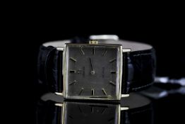 GENTS 9CT VINTAGE OMEGA DEVILLE, square, silver dial with black hands, gold baton markers,25mm 9ct