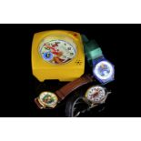 WALT DISNEY ALARM CLOCK AND GROUP OF 3 CHILDRENS WATCHES.