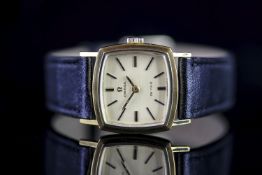 LADIES OMEGA DE VILLE WRISTWATCH, square champagne dial with baton hour markers and hands, 23mm gold
