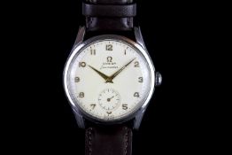 GENTLEMANS OMEGA SEAMASTER,round ,off white dial with gold hands,gold arabic figures,33mm steel