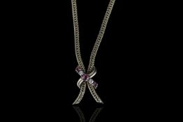 Ruby and Diamond necklace, set with 3 rubies and 2 round brilliant cut diamonds, hallmarked 9ct