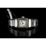 LADIES CARTIER SANTOS AUTOMATIC STEEL & GOLD WRISTWATCH, square white dial with black roman numerals