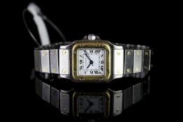 LADIES CARTIER SANTOS AUTOMATIC STEEL & GOLD WRISTWATCH, square white dial with black roman numerals