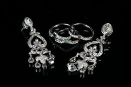 GROUP OF FOUR ITEMS, consisting of diamond set drop earrings, stamped 18k , total weight 16.8gms,