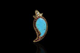 Middle Eastern gem set brooch, central turquoise drop, surrounded by rubies, with pearl and paste