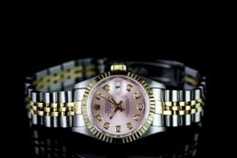 LADIES TWO TONE ROLEX DATEJUST,WITH DIAMOND DOT DIAL,round,pink dial with diamond markers, gold