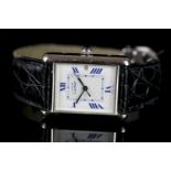 MID SIZE MUST DE CARTIER TANK SILVER WRISTWATCH, rectangular white dial with cartier logo repeated