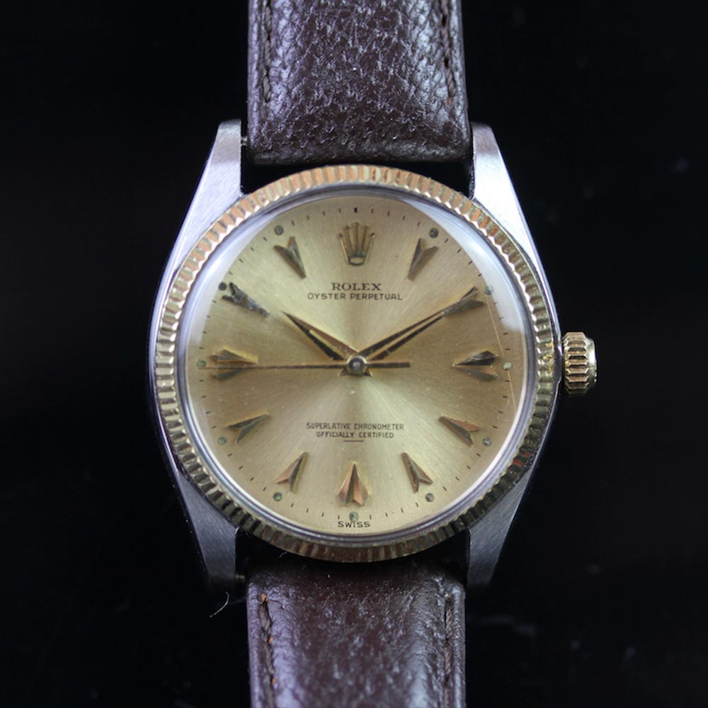 GENTLEMEN'S ROLEX OYSTER PERPETUAL STEEL AND GOLD WRISTWATCH, circular gold dial with faceted dagger - Image 2 of 2