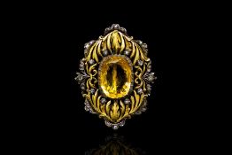 Antique citrine and diamond decorative brooch, mounted in yellow and white metal, pin with partial