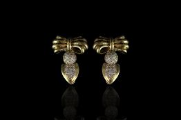 Diamond set bow drop earrings, 18ct yellow gold bow, bombe set diamond drop below, can be worn as