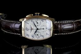 GENTLEMENS LONGINES EVIDENZA 18CT GOLD CHRONOGRAPH WRISTWATCH W/ BOX AND PAPERS REF. L26438, two