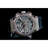 GENTLEMANS CLASSIC HUBLOT SKELETON WATCH, TITANIUM,CHRONOGRAPH. 111395,round,black dial with