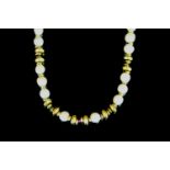 Pearl and gold bead necklace, set with round pearl beads, gold discs and coloured beads, not