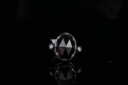Rose cut Garnet and diamond ring, foil back garnet silver set, approximately 15.5x10.5mm, a single