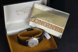 GENTLEMENS LONGINES 9CT GOLD WRISTWATCH W/ BOX & PAPERS, circular silver dial with black arabic