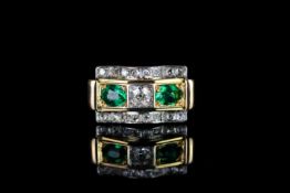 18K EMERALD AND DIAMOND SCROLL TOP RING, 4X3MM EMERALDS, diamonds estimated at 0.30 cts, total
