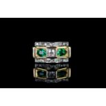 18K EMERALD AND DIAMOND SCROLL TOP RING, 4X3MM EMERALDS, diamonds estimated at 0.30 cts, total