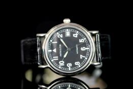 GENTLEMENS FATHI & CIE WRISTWATCH, circular black dial with arabic numbers, date at 3 0'clock,