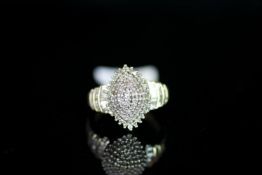 9CT PAVE DIAMOND CLUSTER RING WITH BAQUETTE SET SHOULDERS,total weight 3.9gms, size UK-N, US-7.5.