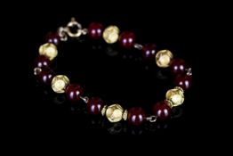 Agate bead and gold work bracelet, six gold beads decorated with wire work, 7.9/8mm round agate