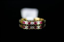 Ruby and diamond half eternity ring, alternating round cut rubies and round brilliant cut